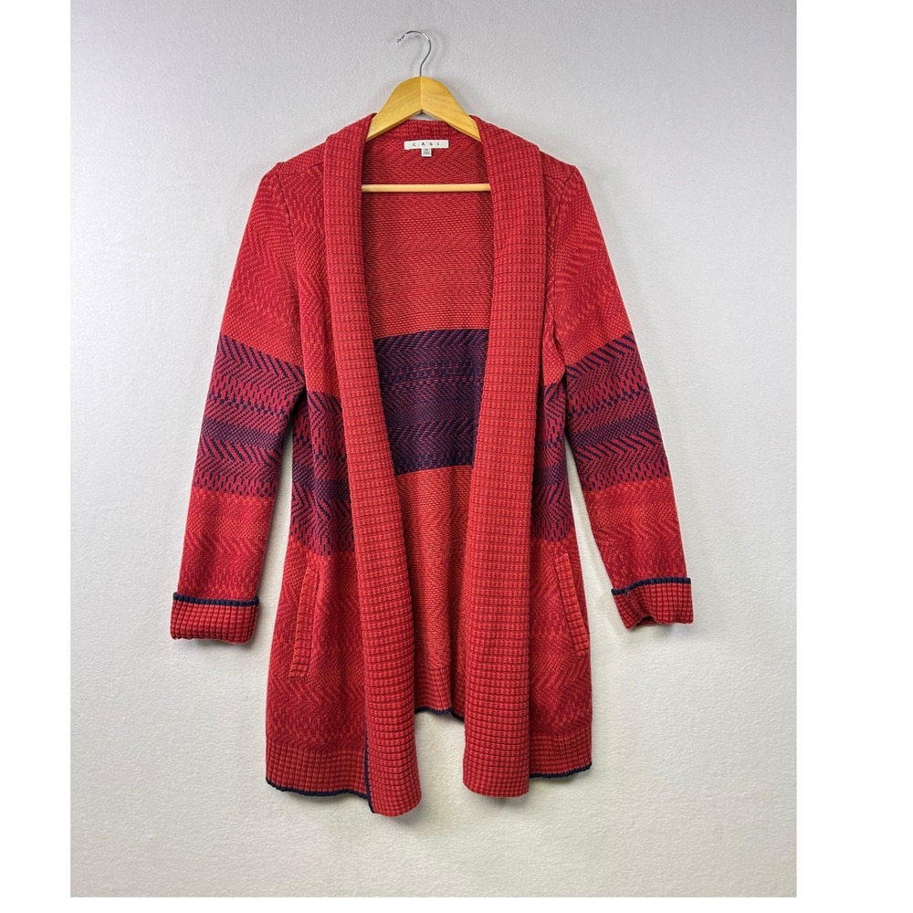 Cabi Red‎ Blue Knit Chevron Cardigan Sweater Open Front Pockets M